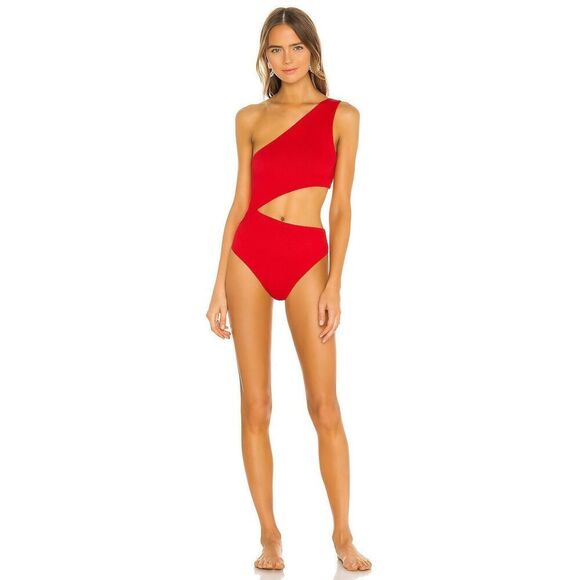 Beach Riot  Celine One-Piece / Shoulder Swimsuit Sz Large Red Ribbed - Picture 1 of 7